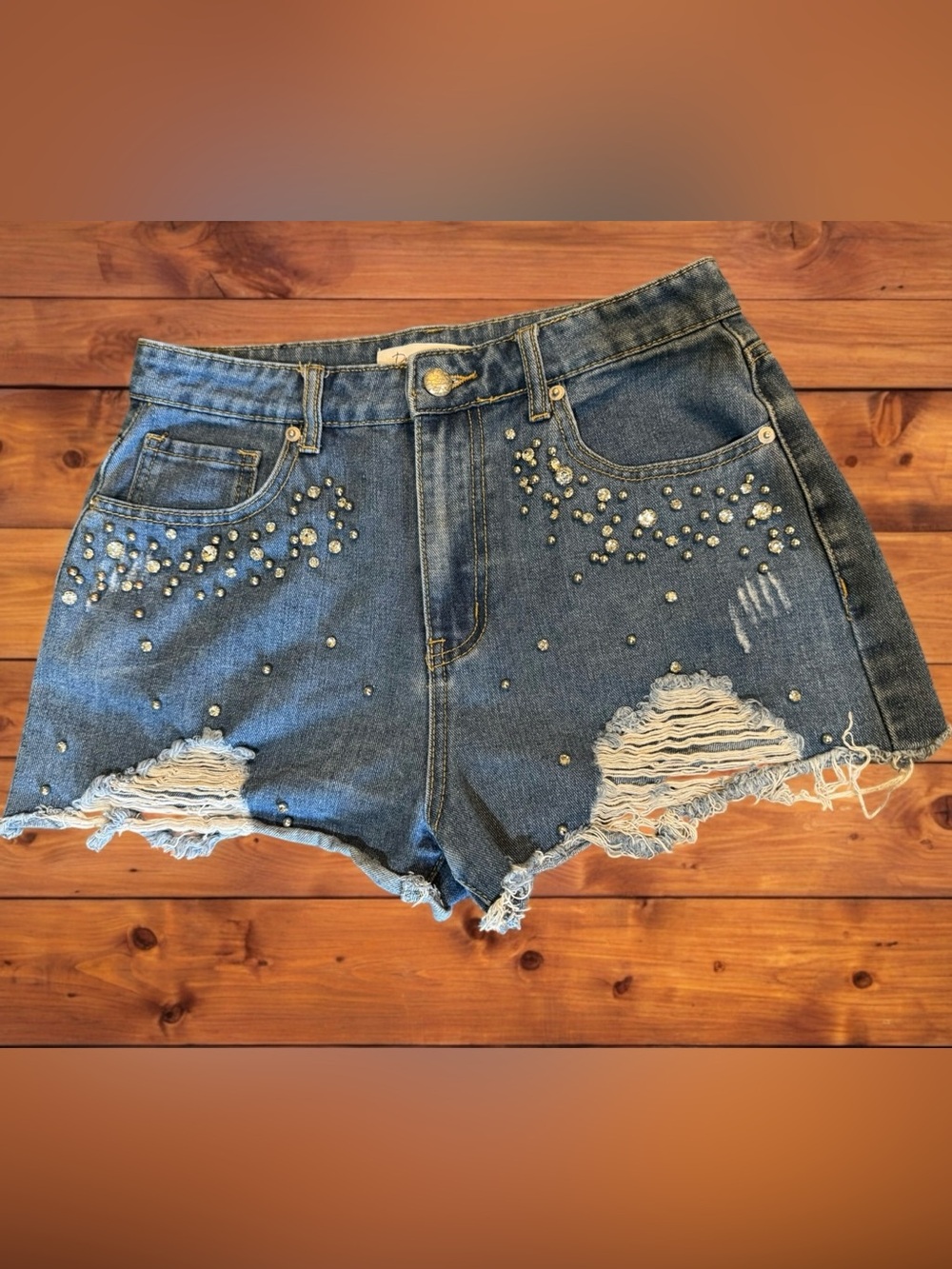 Denim Blvd Rhinestone Studded Embellished Distressed Festival Jean Shorts Medium - Picture 3 of 16